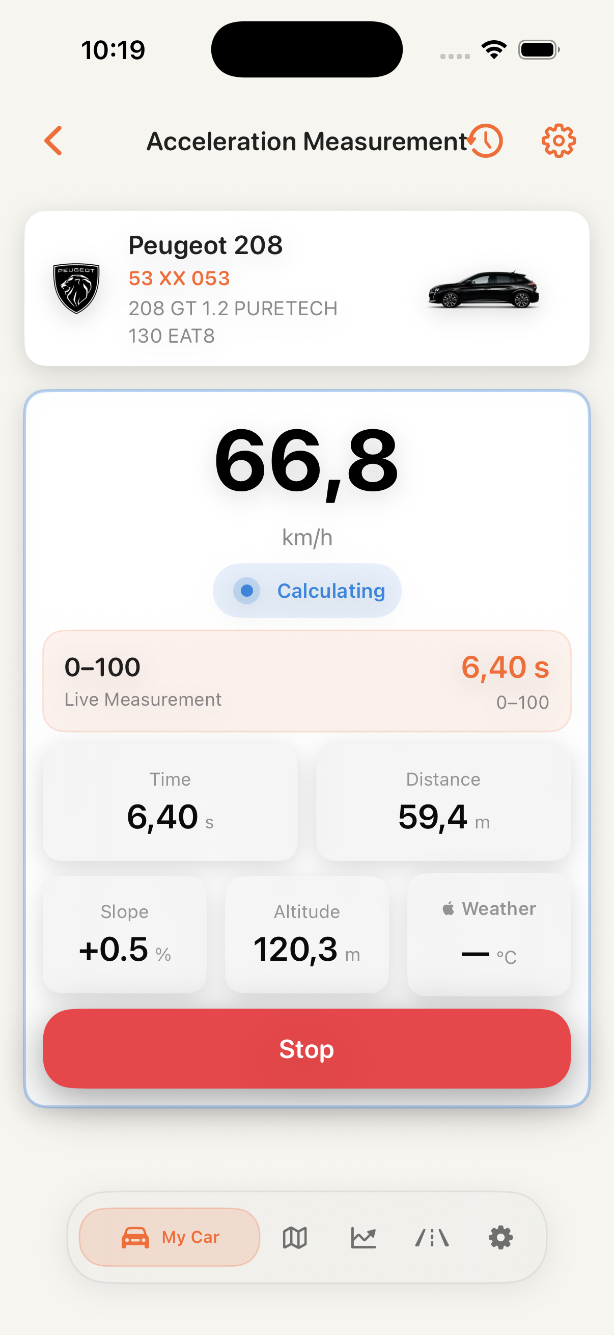 CarCare live acceleration test screen