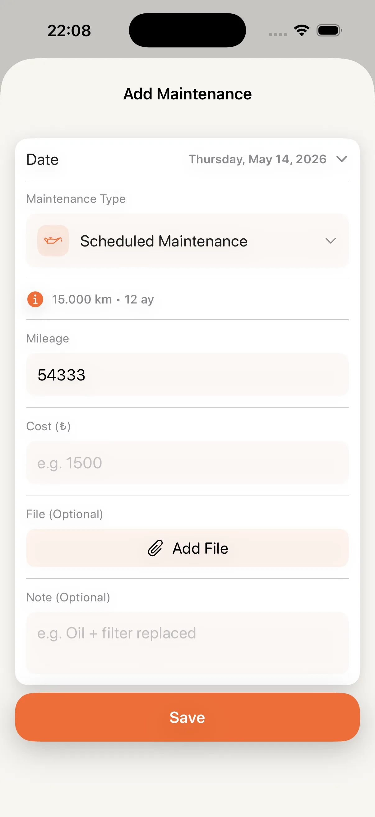 CarCare add maintenance screen