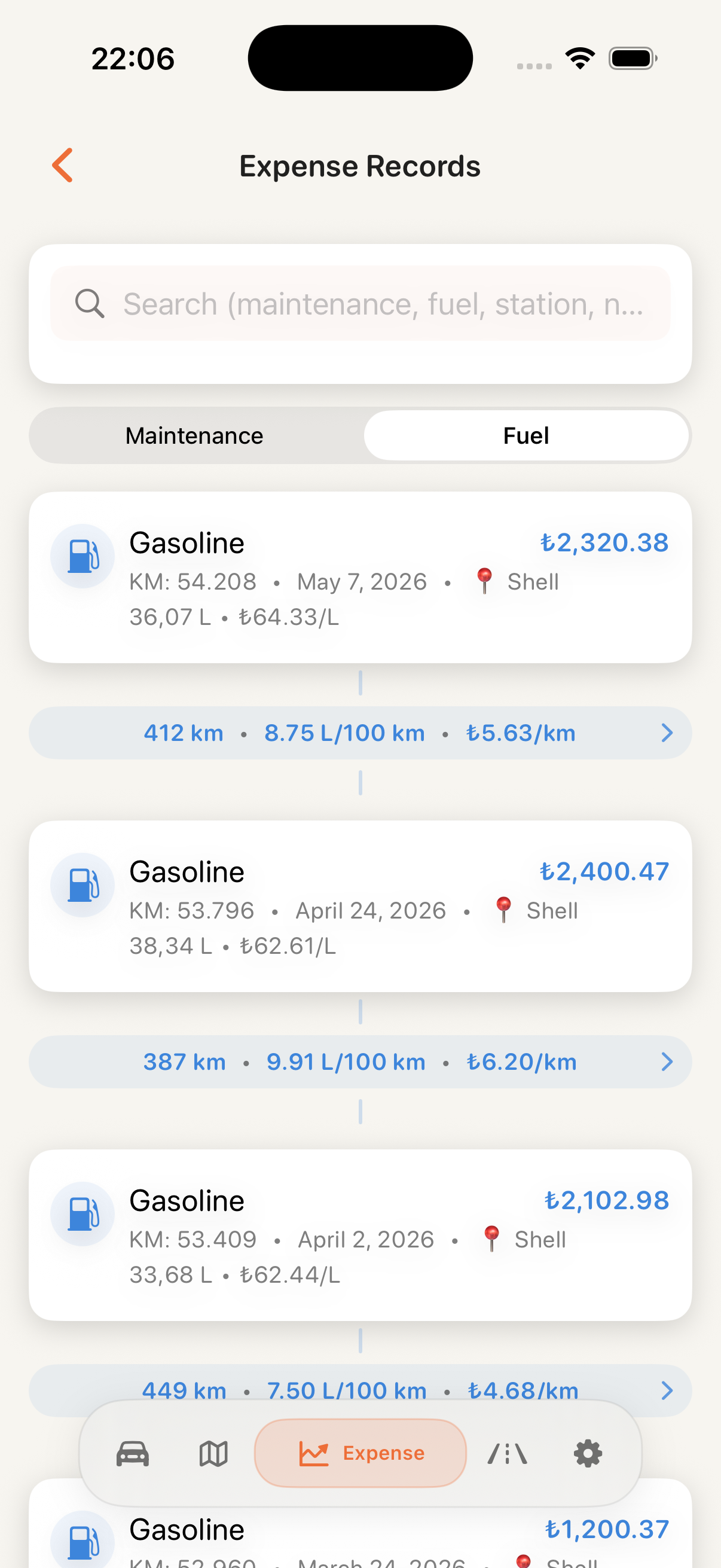 CarCare fuel records history screen