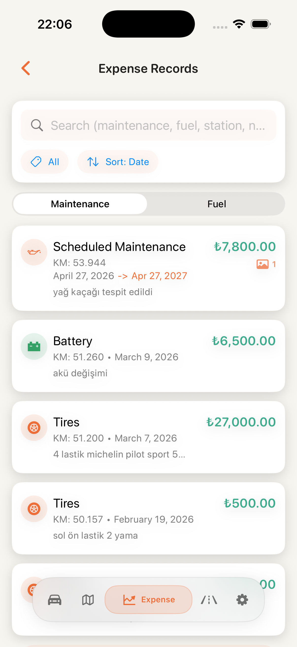 CarCare maintenance records history screen
