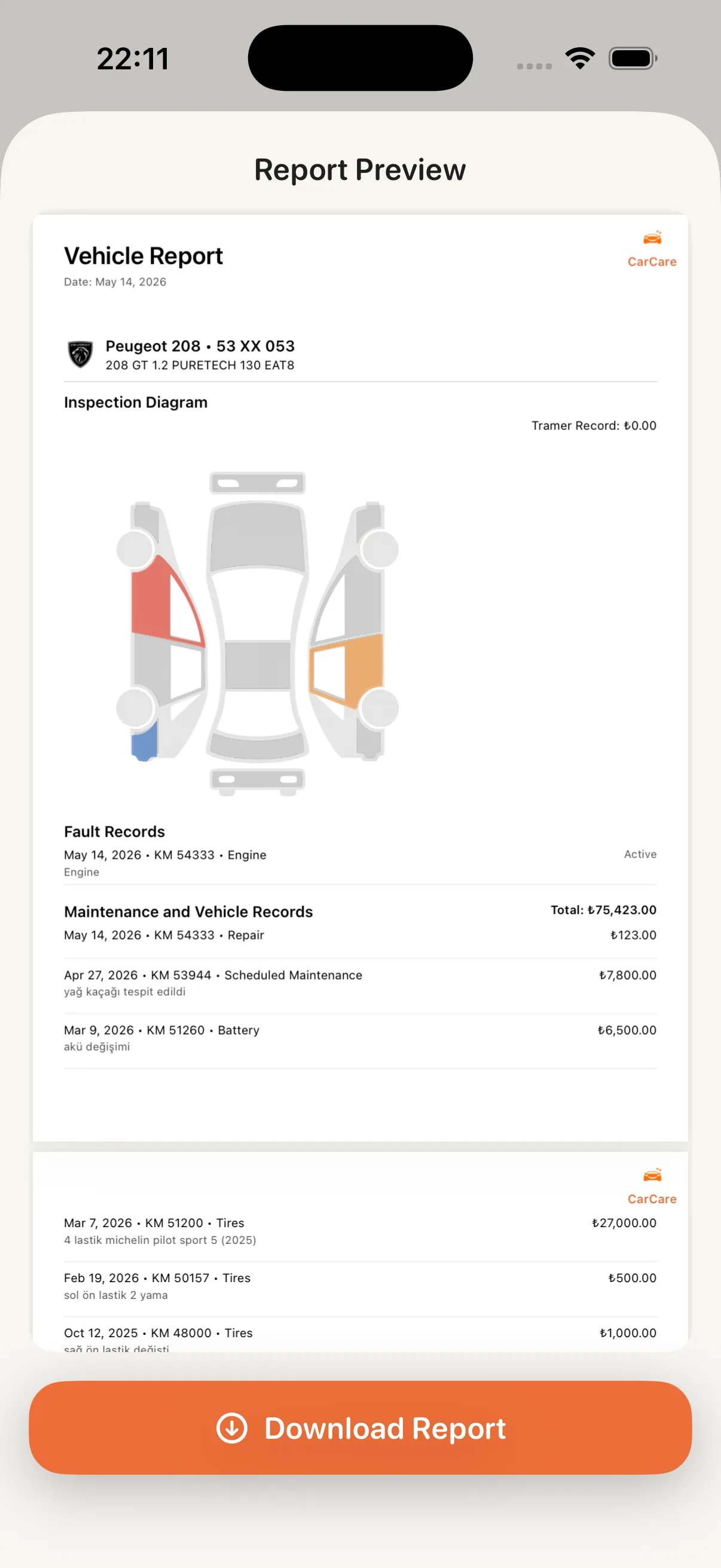 CarCare vehicle report preview