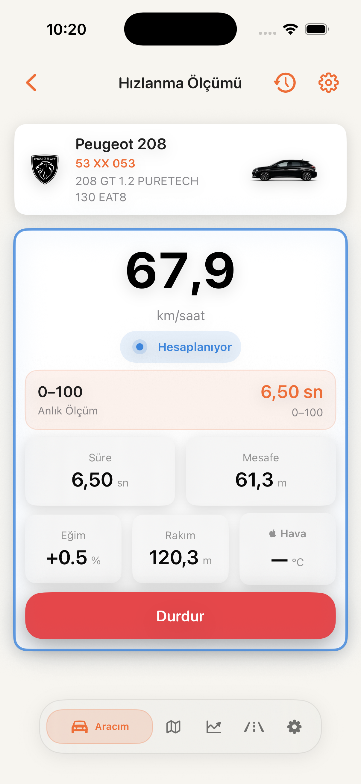 CarCare hızlanma ölçümü canlı test ekranı