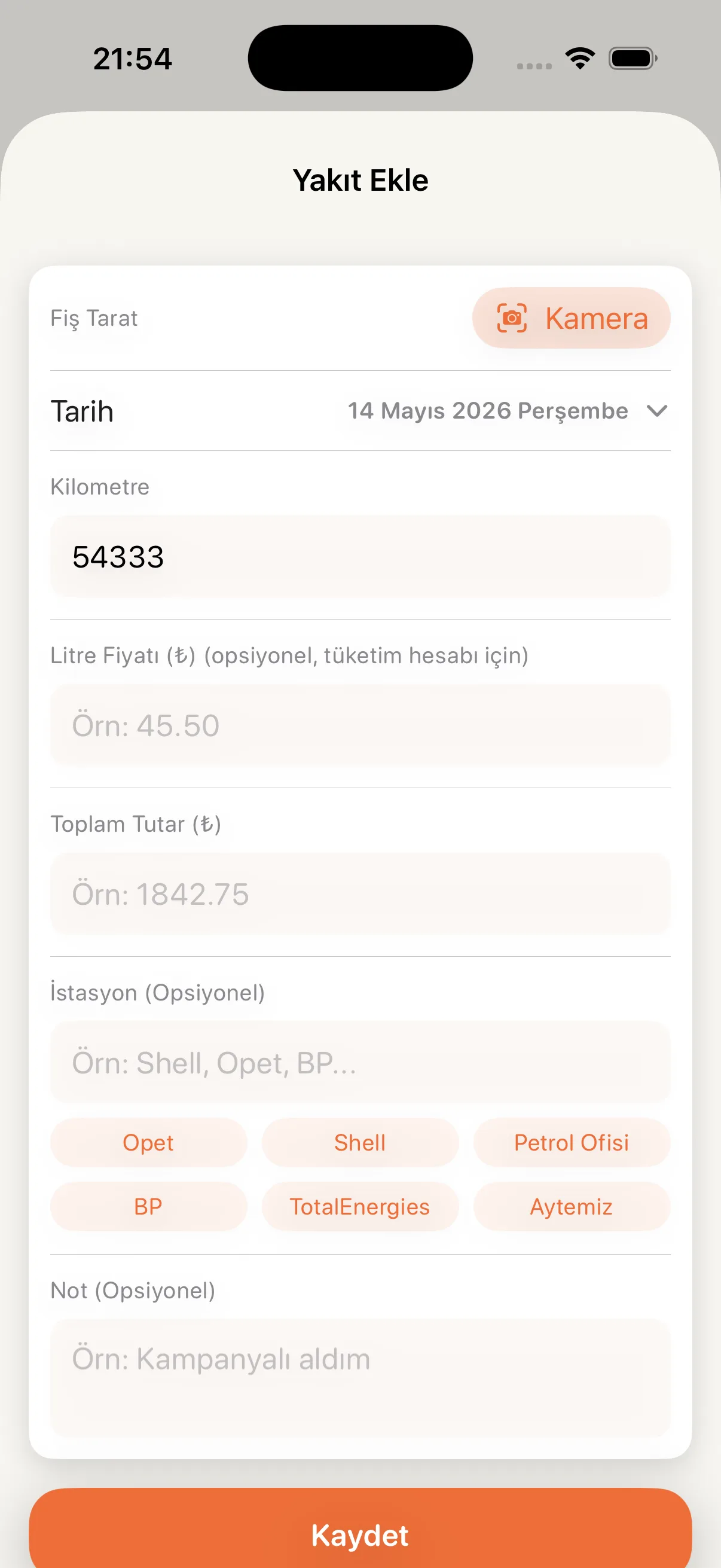 CarCare yakıt ekleme ekranı