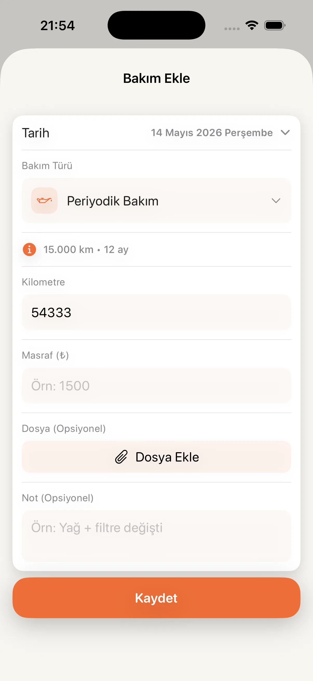 CarCare bakım ekleme ekranı