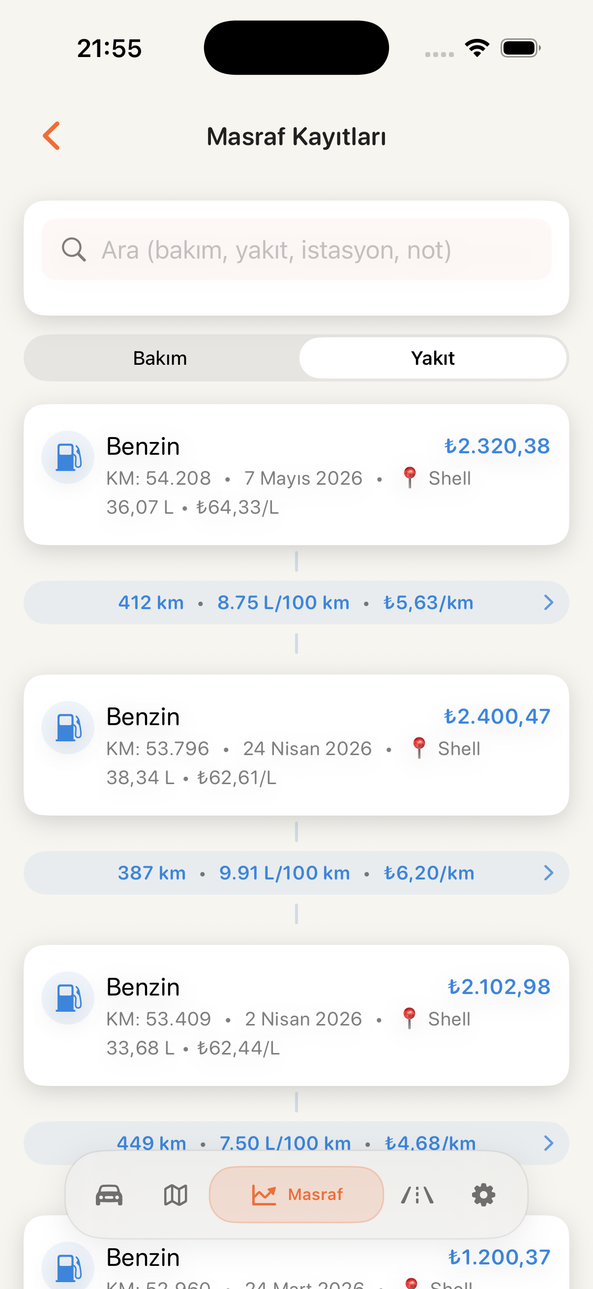 CarCare yakıt kayıtları geçmişi ekranı