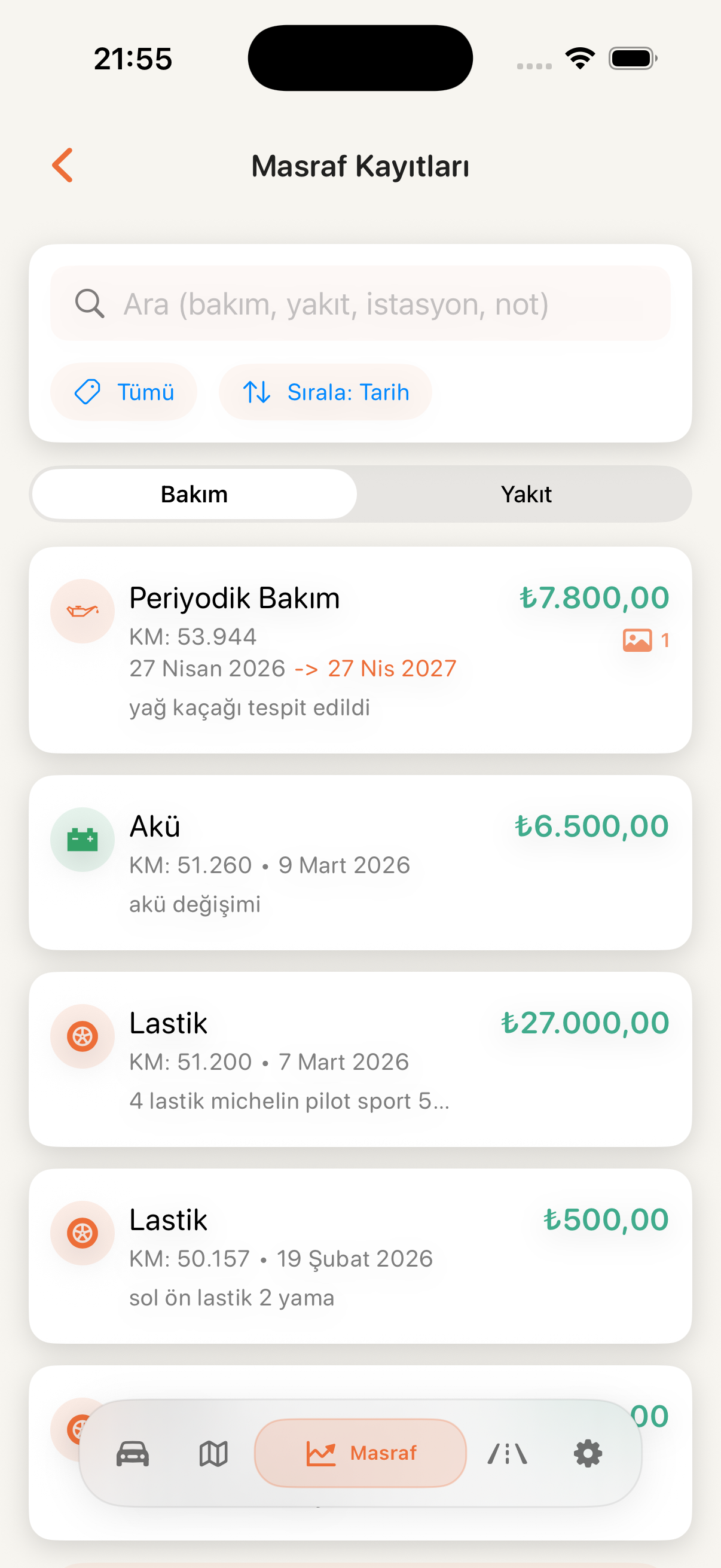 CarCare bakım kayıtları geçmişi ekranı