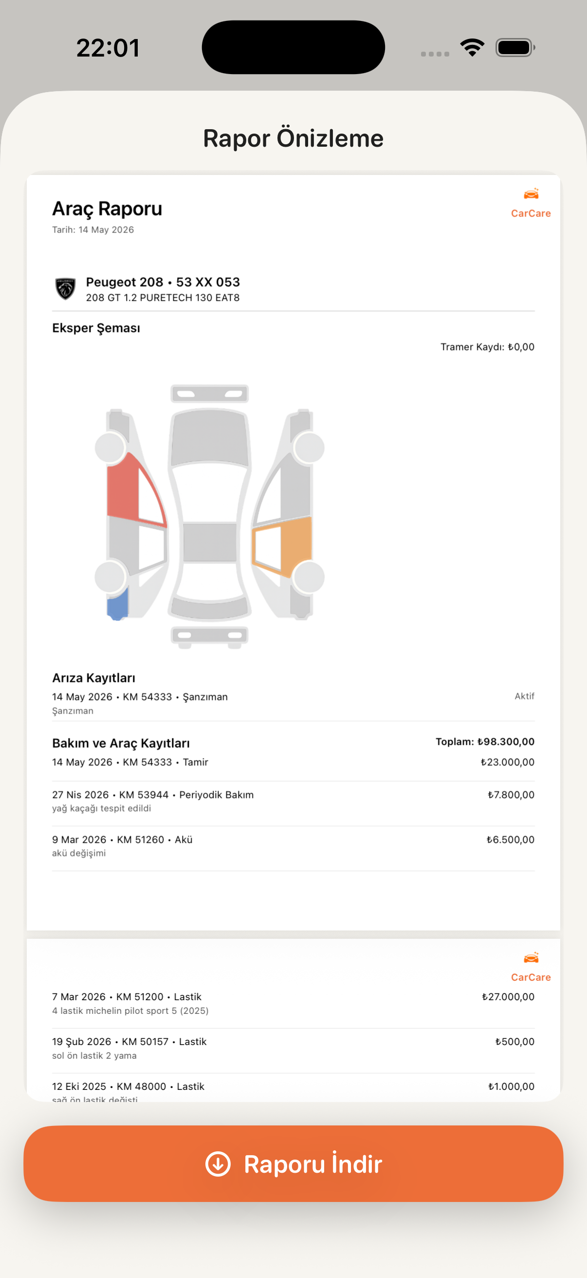 CarCare araç raporu PDF önizleme ekranı