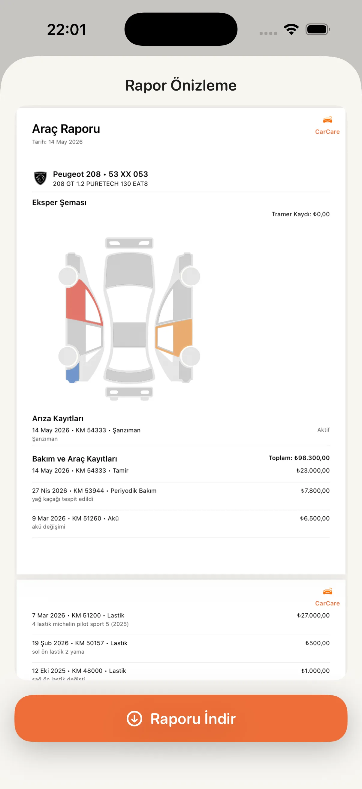 CarCare araç raporu önizleme ekranı