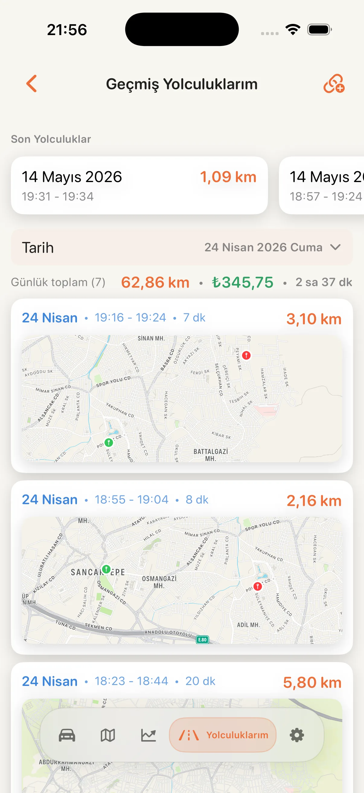 CarCare yolculuk geçmişi ekranı
